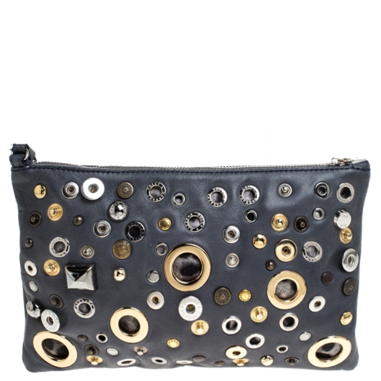 Pre Owned Dolce and Gabbana Ash Blue Leather Eyelet Studded Clutch