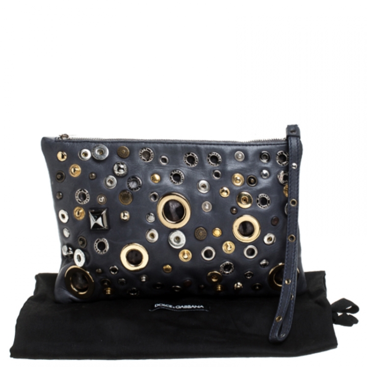 Pre Owned Dolce and Gabbana Ash Blue Leather Eyelet Studded Clutch