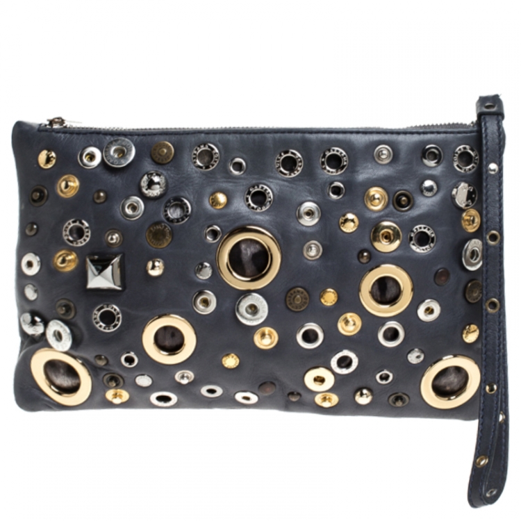 Pre Owned Dolce and Gabbana Ash Blue Leather Eyelet Studded Clutch