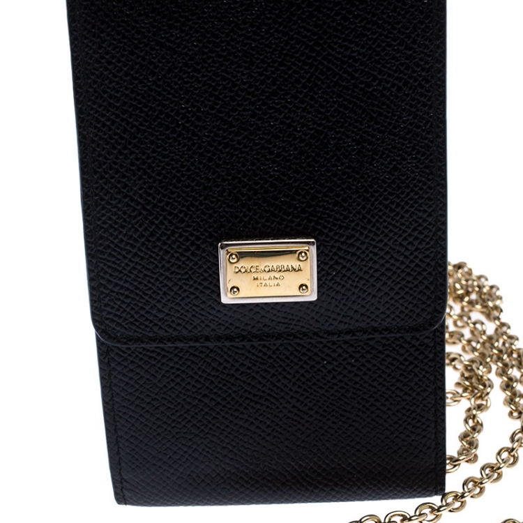 Pre Owned Dolce and Gabbana Black Leather Miss Sicily Phone Holder Crossbody Bag