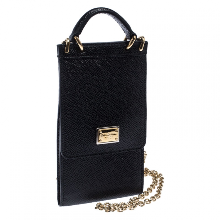 Pre Owned Dolce and Gabbana Black Leather Miss Sicily Phone Holder Crossbody Bag
