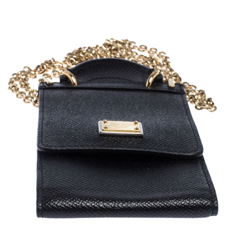Pre Owned Dolce and Gabbana Black Leather Miss Sicily Phone Holder Crossbody Bag