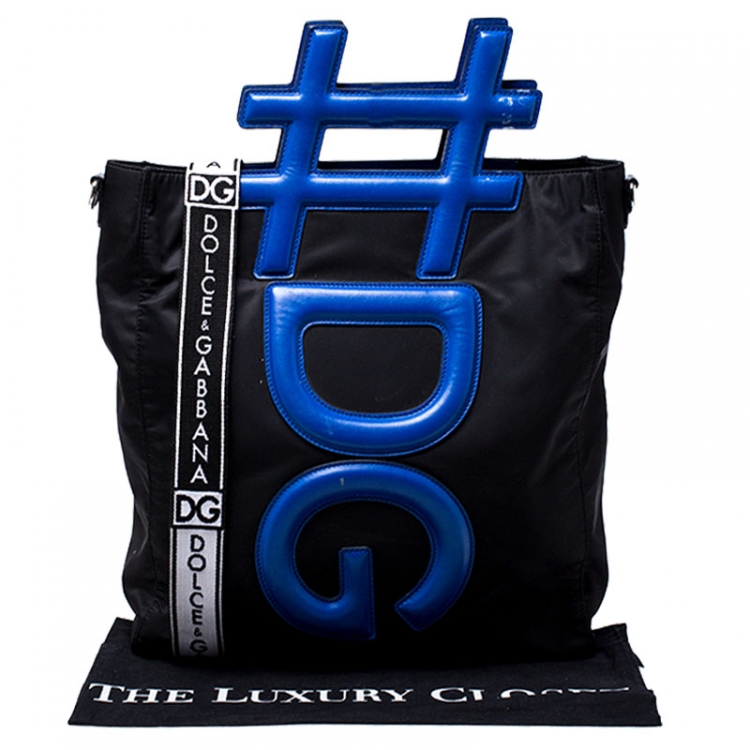 Pre Owned Dolce and Gabbana Black/Blue Nylon and Leather Hashtag Tote