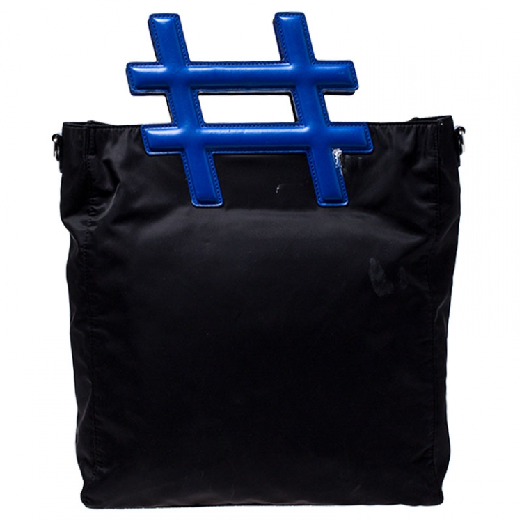 Pre Owned Dolce and Gabbana Black/Blue Nylon and Leather Hashtag Tote
