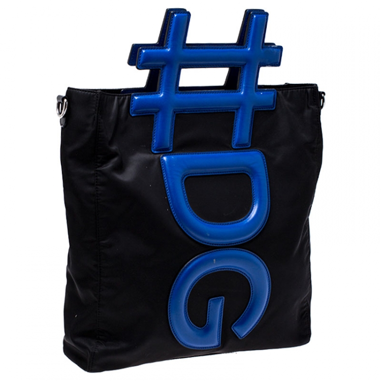Pre Owned Dolce and Gabbana Black/Blue Nylon and Leather Hashtag Tote