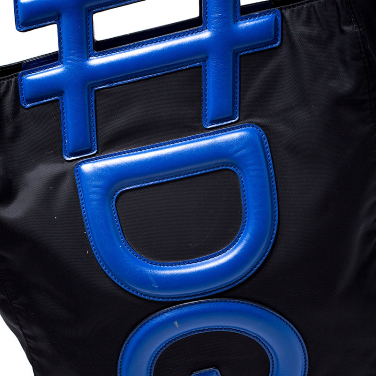 Pre Owned Dolce and Gabbana Black/Blue Nylon and Leather Hashtag Tote
