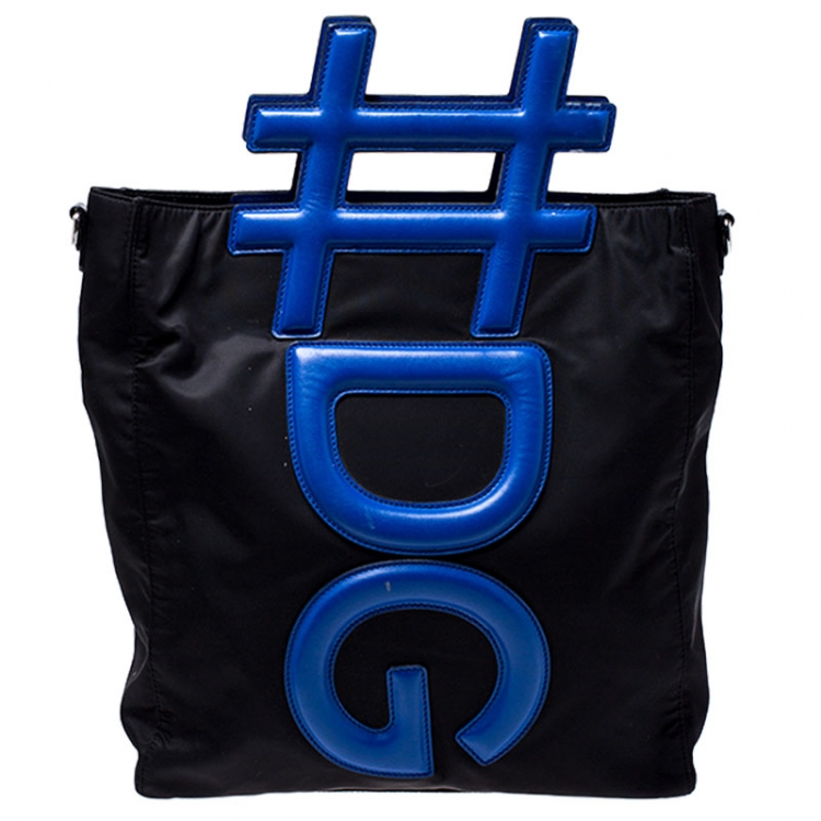 Pre Owned Dolce and Gabbana Black/Blue Nylon and Leather Hashtag Tote