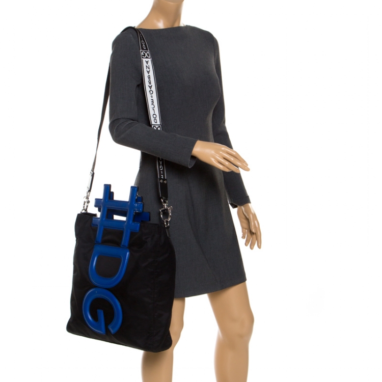 Pre Owned Dolce and Gabbana Black/Blue Nylon and Leather Hashtag Tote