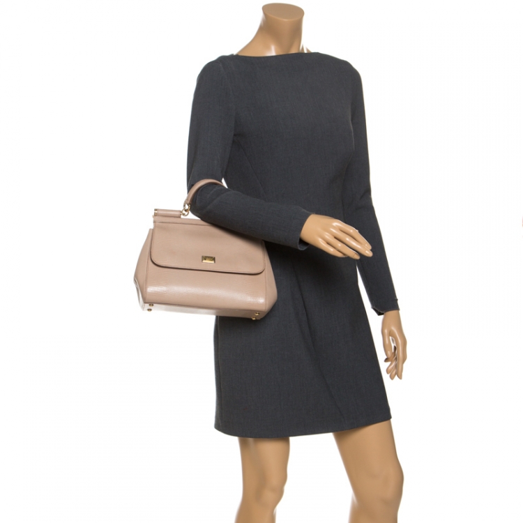 Pre Owned Dolce and Gabbana Beige Lizard Embossed Leather Medium Miss Sicily Top Handle Bag