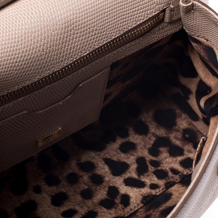 Pre Owned Dolce and Gabbana Beige Lizard Embossed Leather Medium Miss Sicily Top Handle Bag