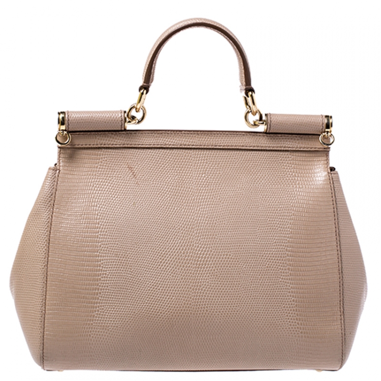 Pre Owned Dolce and Gabbana Beige Lizard Embossed Leather Medium Miss Sicily Top Handle Bag