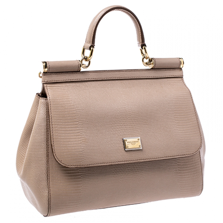 Pre Owned Dolce and Gabbana Beige Lizard Embossed Leather Medium Miss Sicily Top Handle Bag