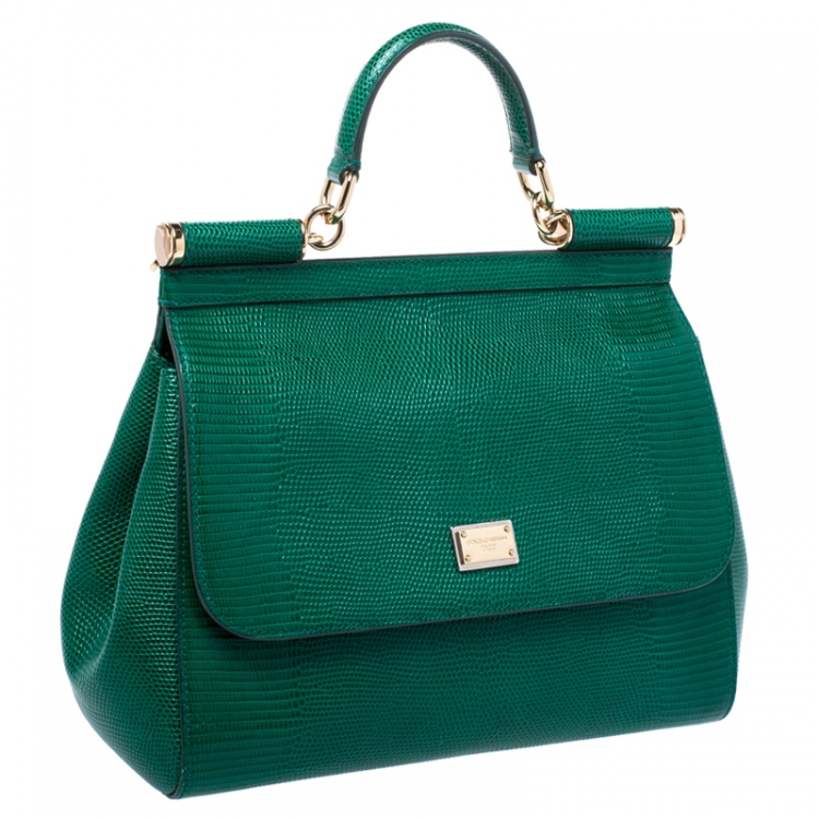 Pre Owned Dolce and Gabbana Green Lizard Embossed Leather Medium Miss Sicily Top Handle Bag