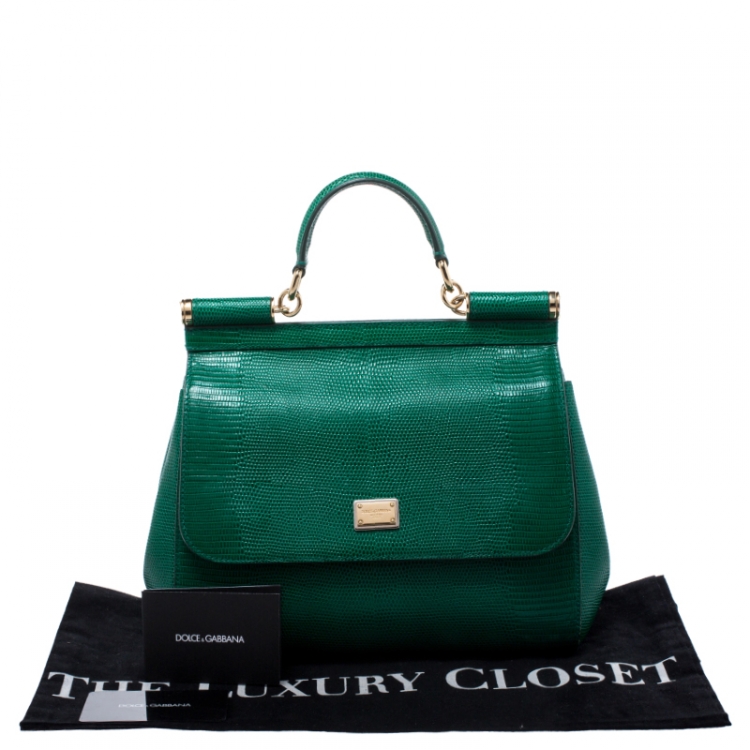 Pre Owned Dolce and Gabbana Green Lizard Embossed Leather Medium Miss Sicily Top Handle Bag