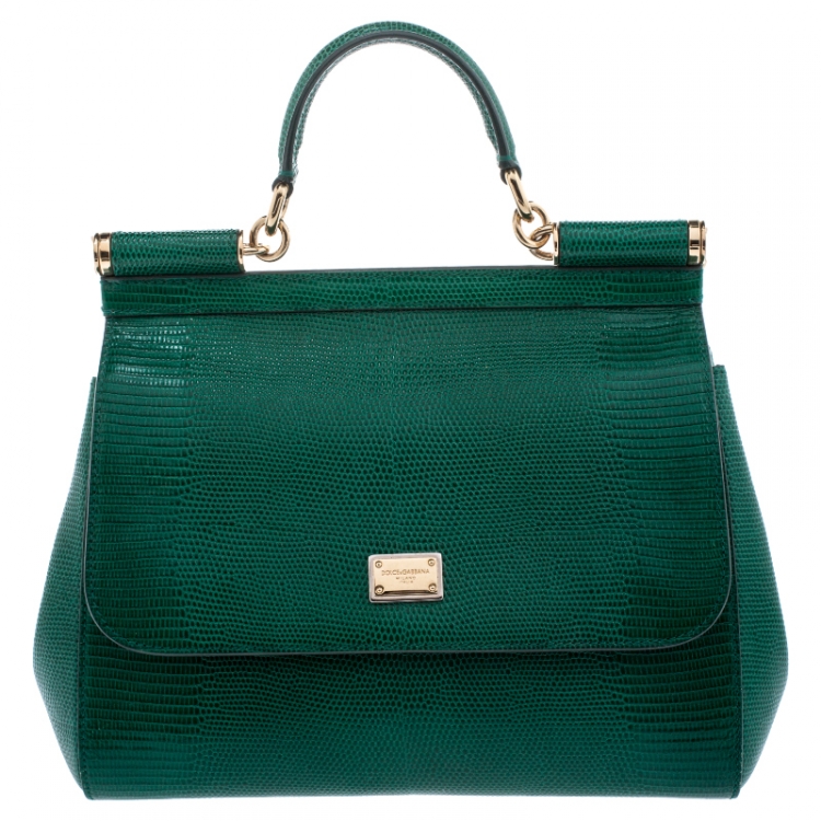 Pre Owned Dolce and Gabbana Green Lizard Embossed Leather Medium Miss Sicily Top Handle Bag