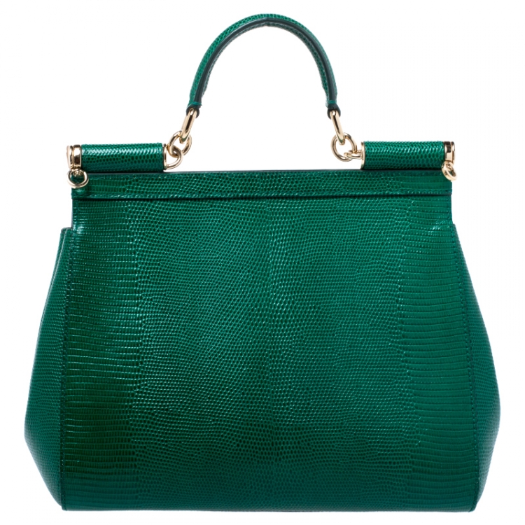 Pre Owned Dolce and Gabbana Green Lizard Embossed Leather Medium Miss Sicily Top Handle Bag