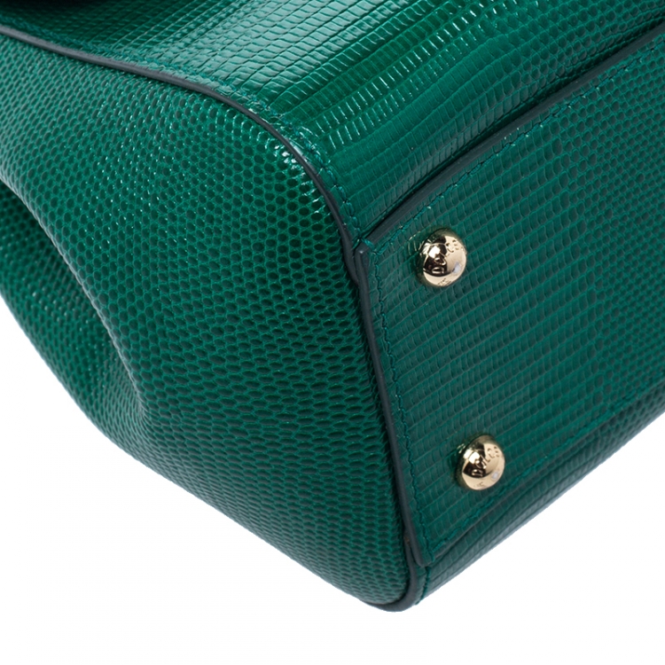 Pre Owned Dolce and Gabbana Green Lizard Embossed Leather Medium Miss Sicily Top Handle Bag