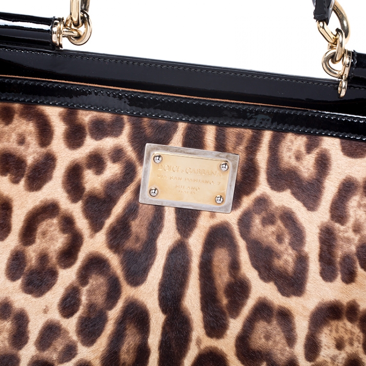 Pre Owned Dolce and Gabbana Brown/Black Leopard Print Calfhair and Patent Leather Miss Sicily Top Handle Bag