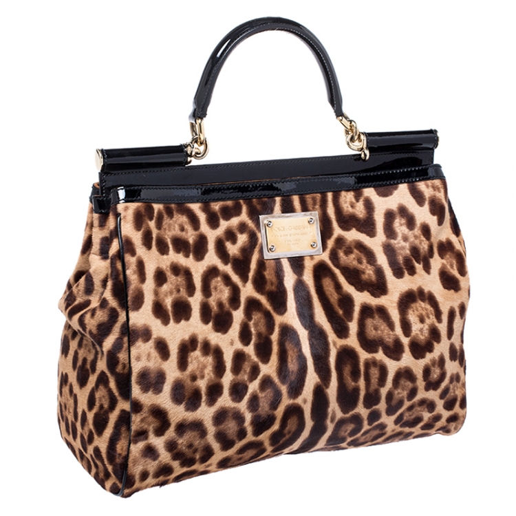 Pre Owned Dolce and Gabbana Brown/Black Leopard Print Calfhair and Patent Leather Miss Sicily Top Handle Bag