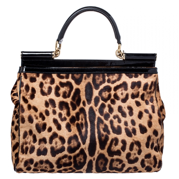 Pre Owned Dolce and Gabbana Brown/Black Leopard Print Calfhair and Patent Leather Miss Sicily Top Handle Bag