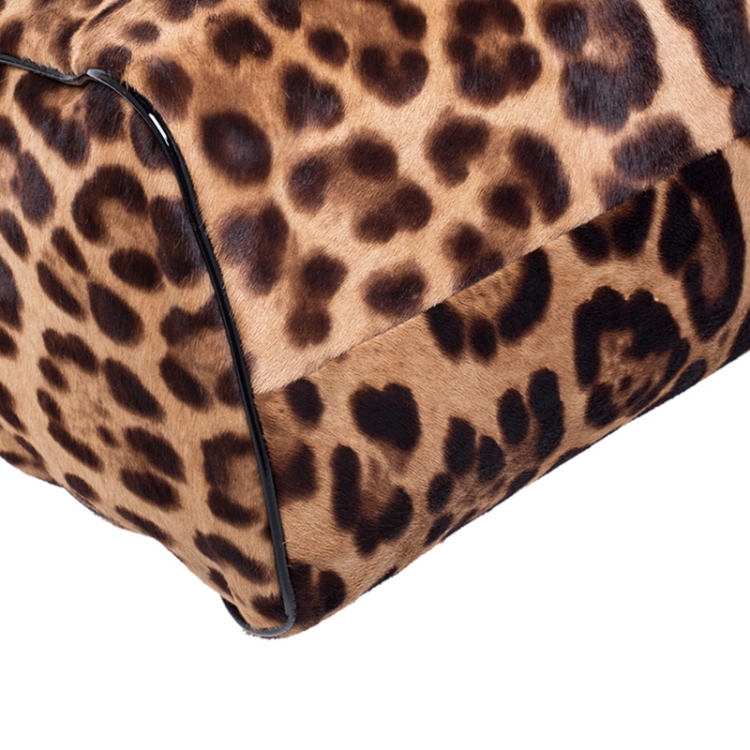 Pre Owned Dolce and Gabbana Brown/Black Leopard Print Calfhair and Patent Leather Miss Sicily Top Handle Bag