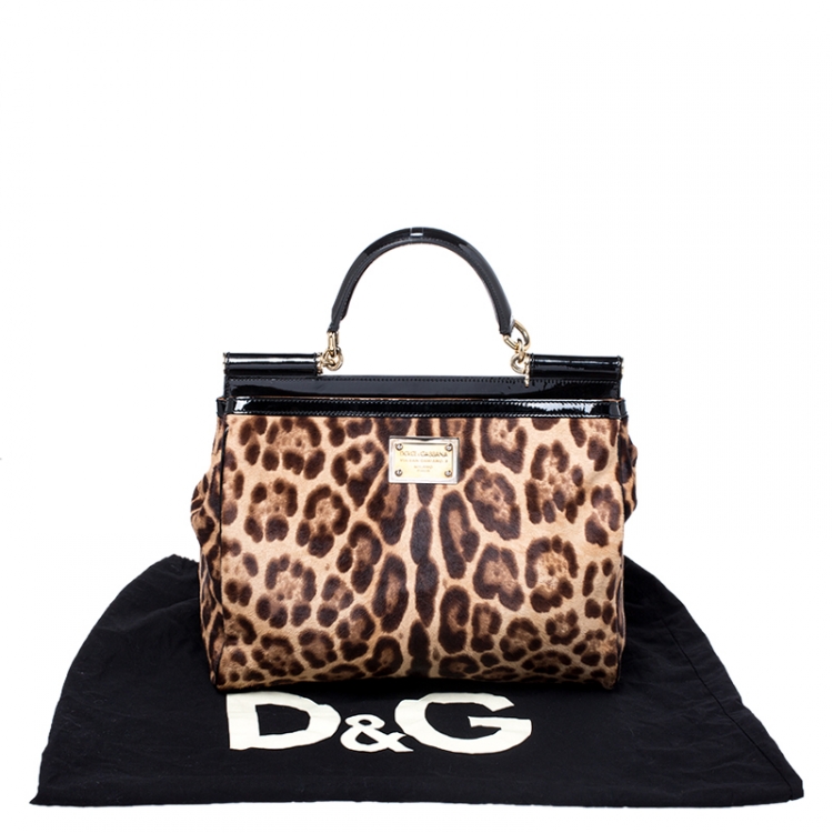 Pre Owned Dolce and Gabbana Brown/Black Leopard Print Calfhair and Patent Leather Miss Sicily Top Handle Bag
