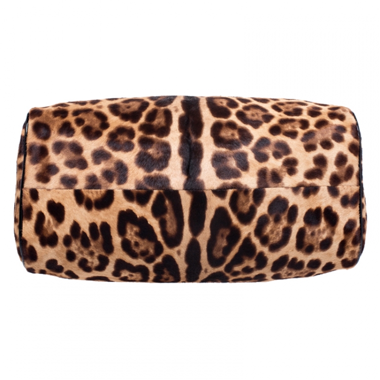 Pre Owned Dolce and Gabbana Brown/Black Leopard Print Calfhair and Patent Leather Miss Sicily Top Handle Bag