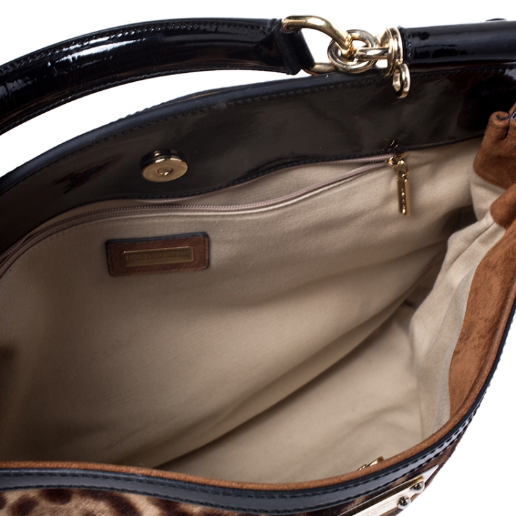 Pre Owned Dolce and Gabbana Brown/Black Leopard Print Calfhair and Patent Leather Miss Sicily Top Handle Bag