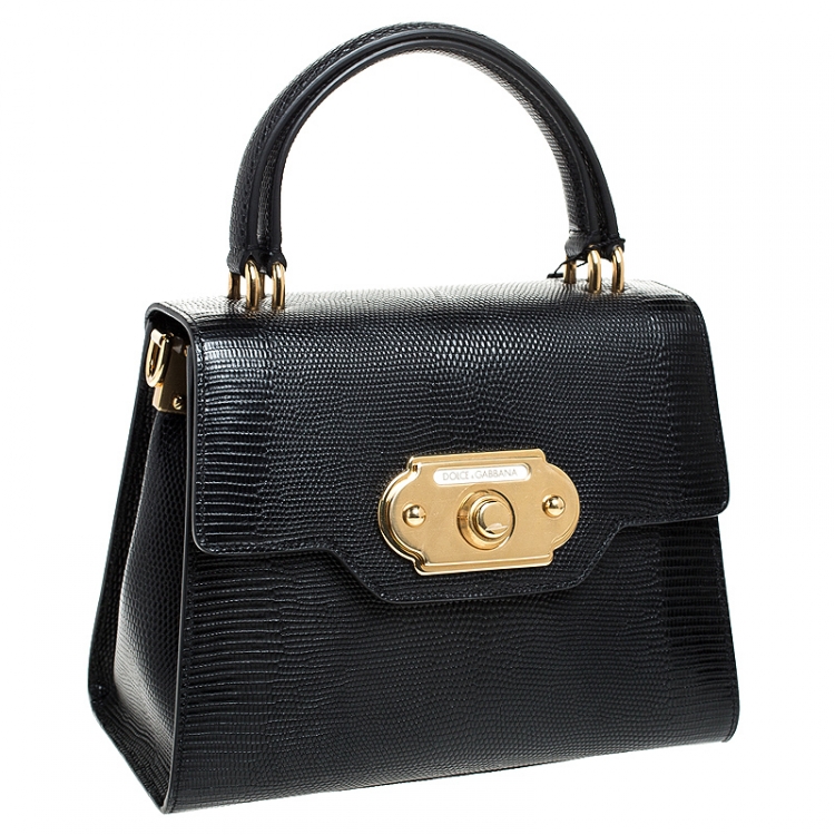 Pre Owned Dolce and Gabbana Black Lizard Embossed Leather Welcome Top Handle Bag