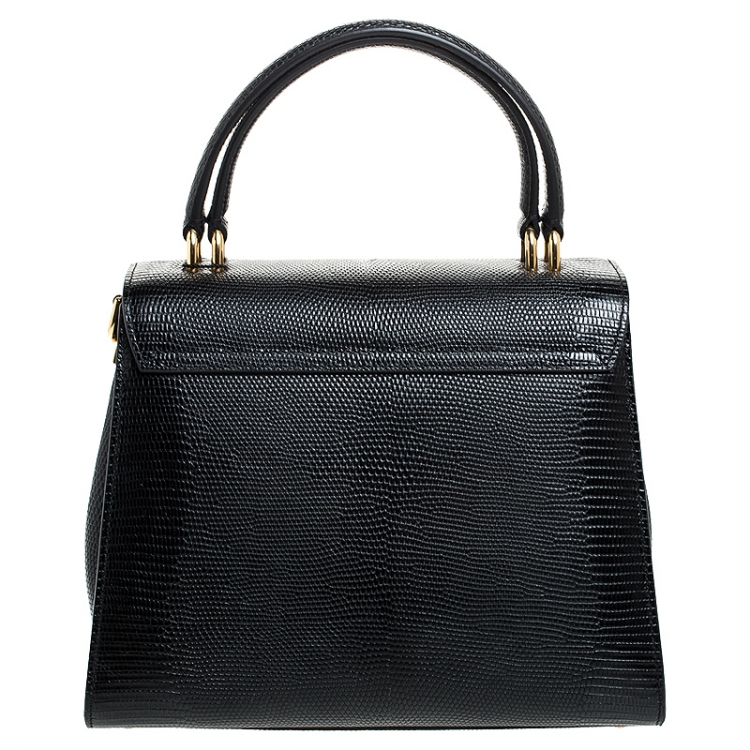 Pre Owned Dolce and Gabbana Black Lizard Embossed Leather Welcome Top Handle Bag