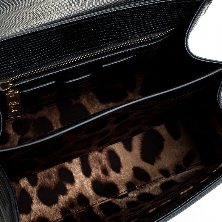 Pre Owned Dolce and Gabbana Black Lizard Embossed Leather Welcome Top Handle Bag