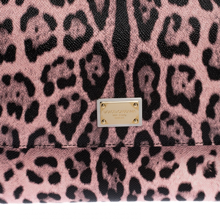 Pre Owned Dolce and Gabbana Pink Leopard Print Leather Medium Miss Sicily Top Handle Bag