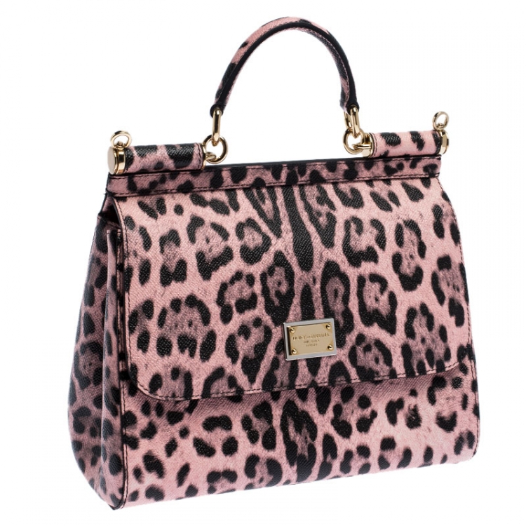 Pre Owned Dolce and Gabbana Pink Leopard Print Leather Medium Miss Sicily Top Handle Bag