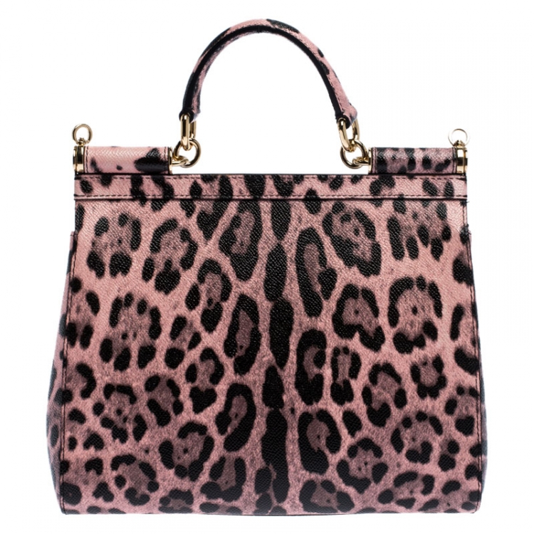 Pre Owned Dolce and Gabbana Pink Leopard Print Leather Medium Miss Sicily Top Handle Bag