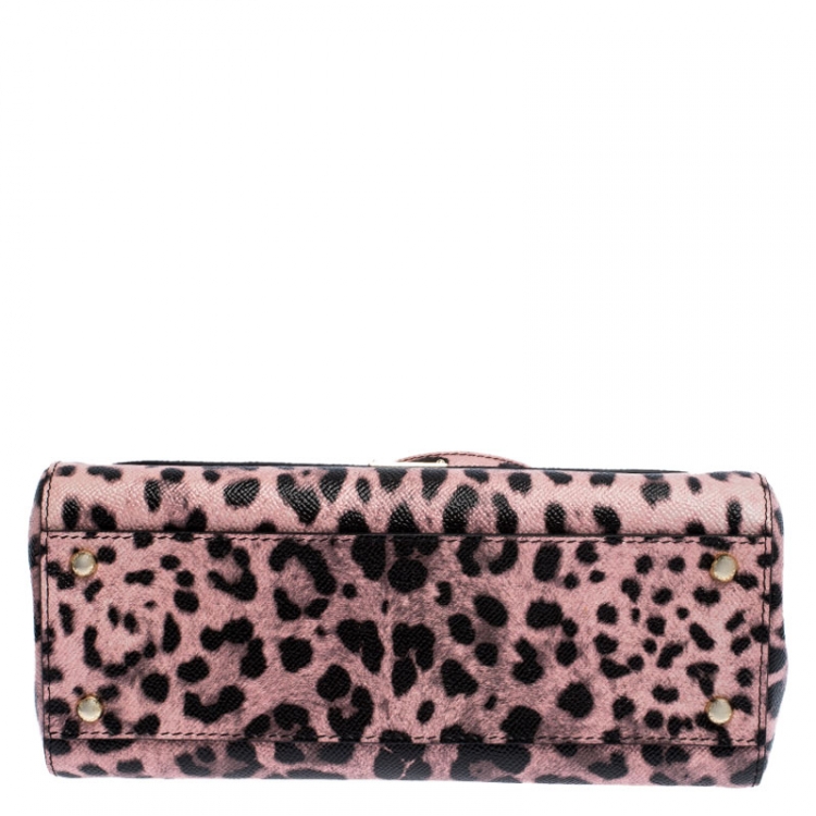 Pre Owned Dolce and Gabbana Pink Leopard Print Leather Medium Miss Sicily Top Handle Bag