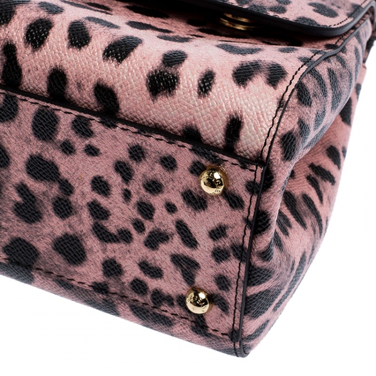 Pre Owned Dolce and Gabbana Pink Leopard Print Leather Medium Miss Sicily Top Handle Bag