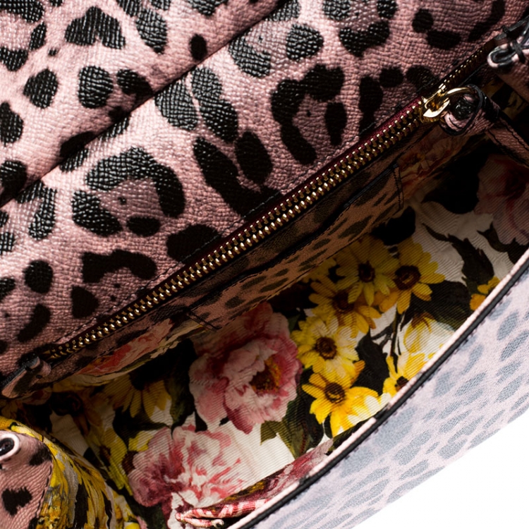 Pre Owned Dolce and Gabbana Pink Leopard Print Leather Medium Miss Sicily Top Handle Bag