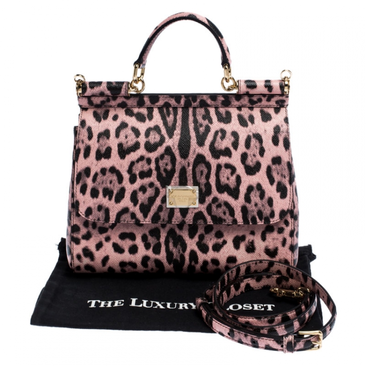 Pre Owned Dolce and Gabbana Pink Leopard Print Leather Medium Miss Sicily Top Handle Bag