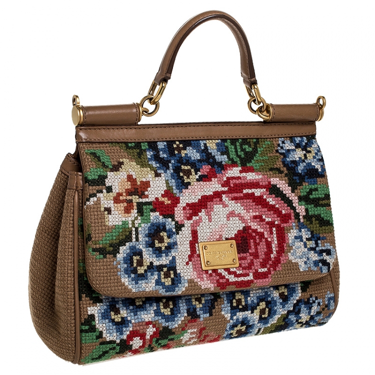 Pre Owned Dolce And Gabanna Brown Fabric Cross Stitch Medium Miss Sicily Top Handle Bag