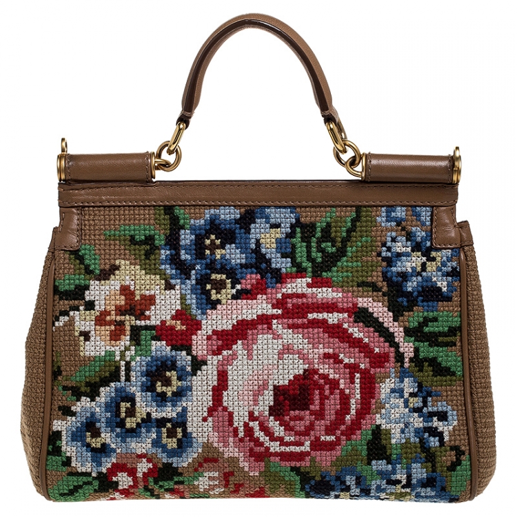 Pre Owned Dolce And Gabanna Brown Fabric Cross Stitch Medium Miss Sicily Top Handle Bag