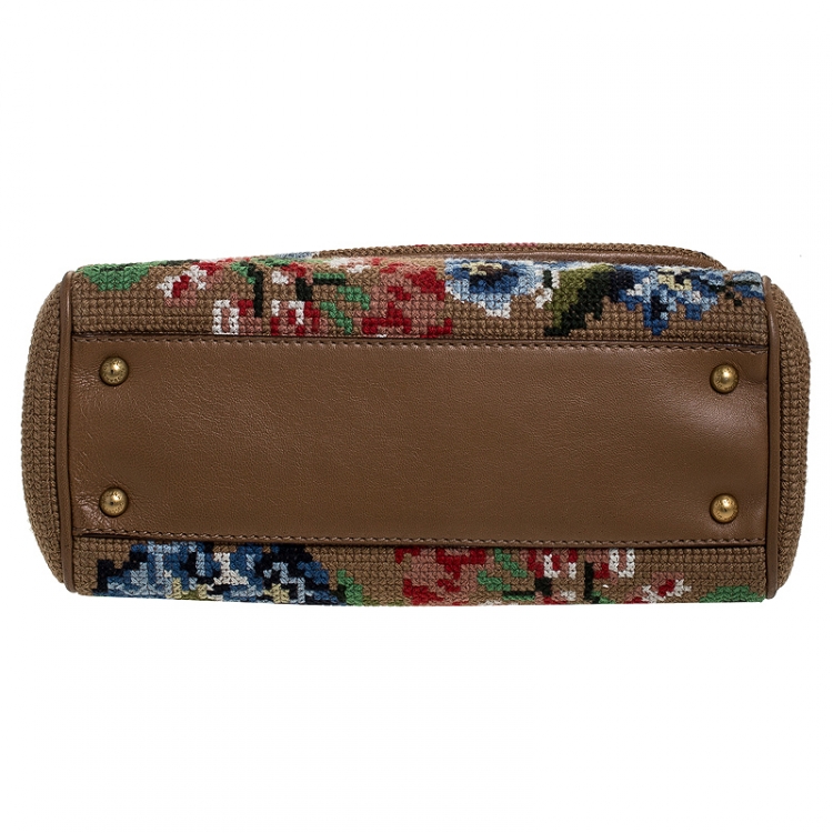Pre Owned Dolce And Gabanna Brown Fabric Cross Stitch Medium Miss Sicily Top Handle Bag