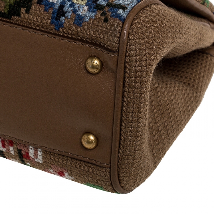 Pre Owned Dolce And Gabanna Brown Fabric Cross Stitch Medium Miss Sicily Top Handle Bag