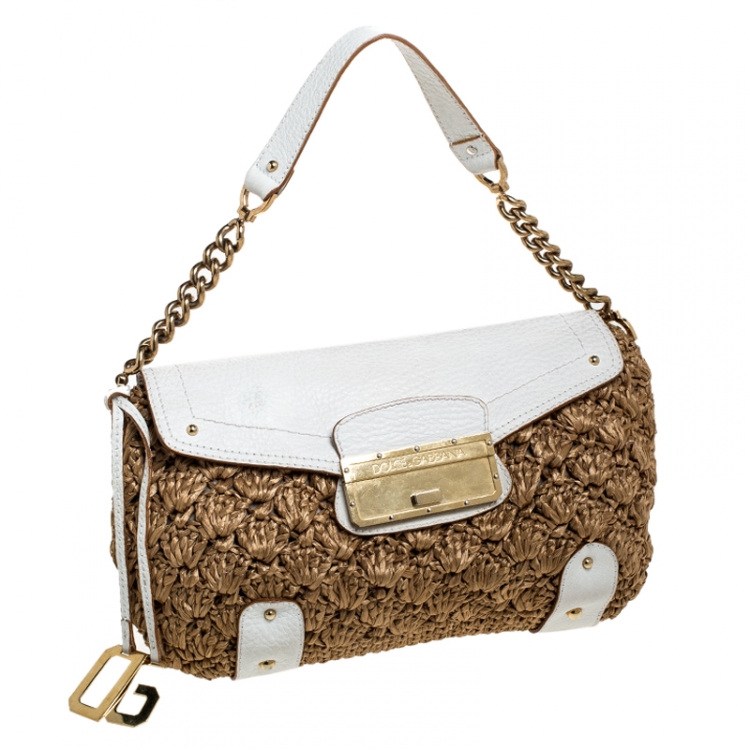 Pre Owned Dolce & Gabbana Brown/White Raffia and Leather Baguette Bag