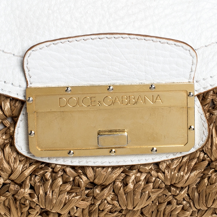 Pre Owned Dolce & Gabbana Brown/White Raffia and Leather Baguette Bag