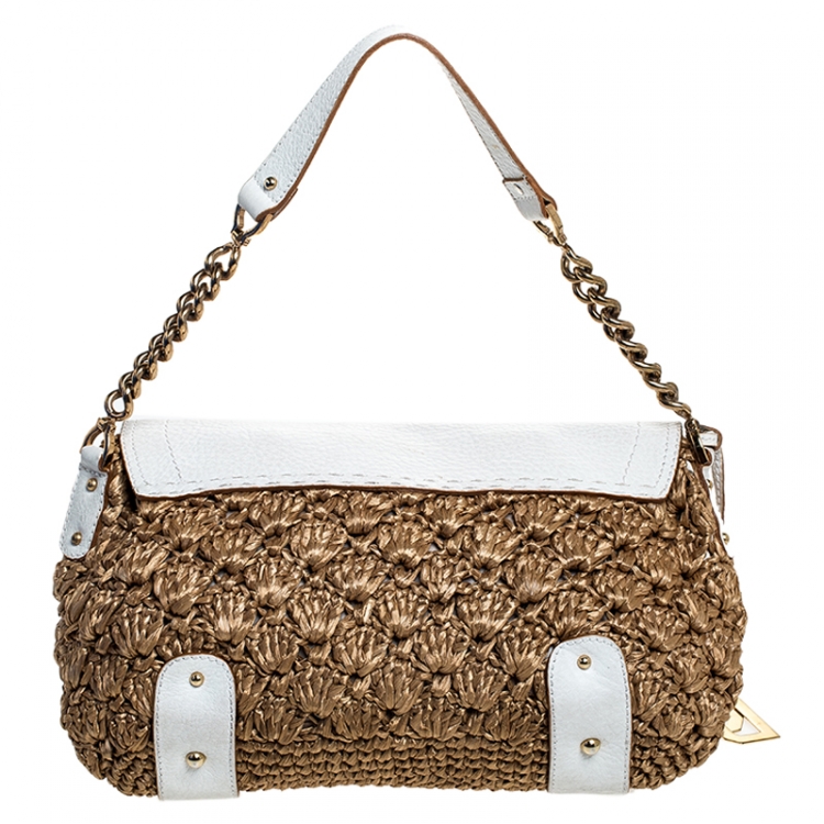 Pre Owned Dolce & Gabbana Brown/White Raffia and Leather Baguette Bag