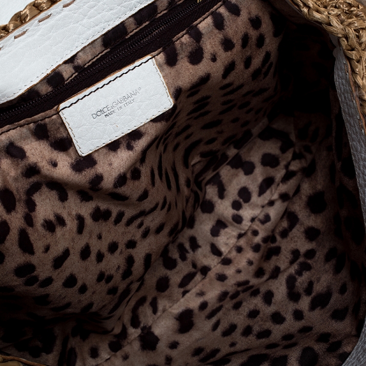 Pre Owned Dolce & Gabbana Brown/White Raffia and Leather Baguette Bag