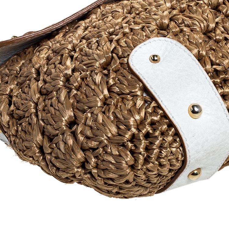 Pre Owned Dolce & Gabbana Brown/White Raffia and Leather Baguette Bag