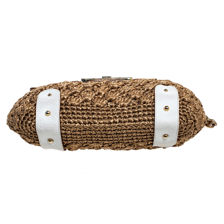Pre Owned Dolce & Gabbana Brown/White Raffia and Leather Baguette Bag