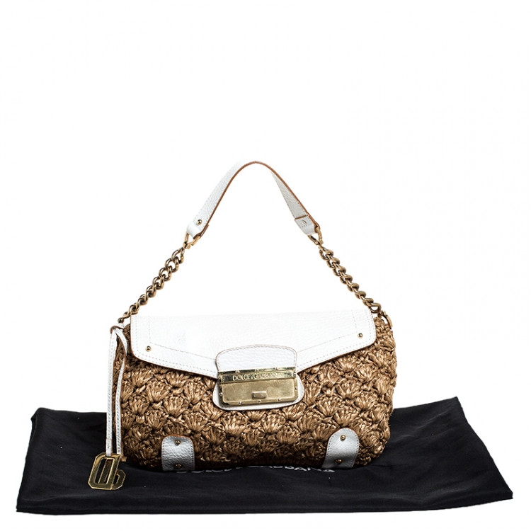 Pre Owned Dolce & Gabbana Brown/White Raffia and Leather Baguette Bag