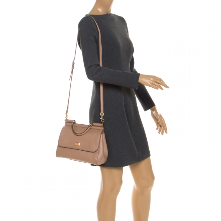 Pre Owned Dolce and Gabbana Beige Dauphine Leather Medium Miss Sicily Top Handle Bag